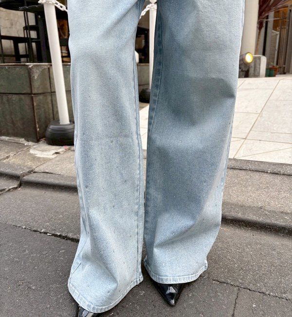 「【ウェスト調整可能】ビジュー付きワイドデニム」|その他|