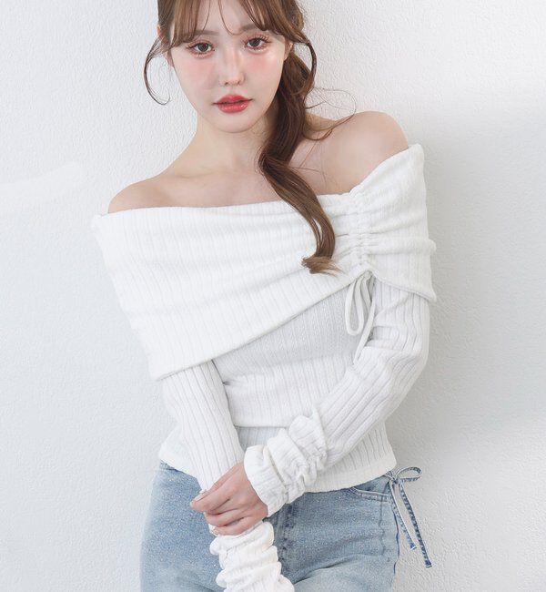  「ドロストリボンオフショルトップス」|プルオーバー|アイボリー