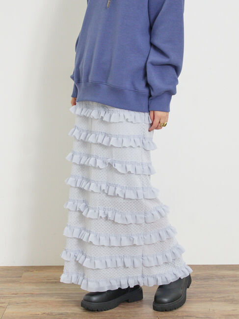 Samansa Mos2「オーバーレースフリルナロースカート」|スカート|サックスブルー