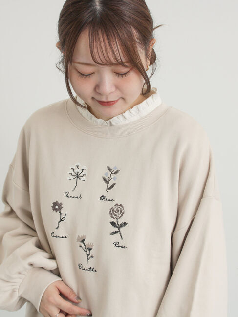 Samansa Mos2「クロスステッチフラワー刺繍スウェット」|Tシャツ・カットソー|キナリ