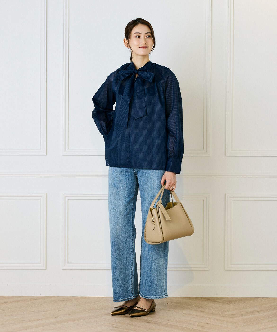 INED「シャドーボーダーボウタイブラウス」|シャツ・ブラウス|
