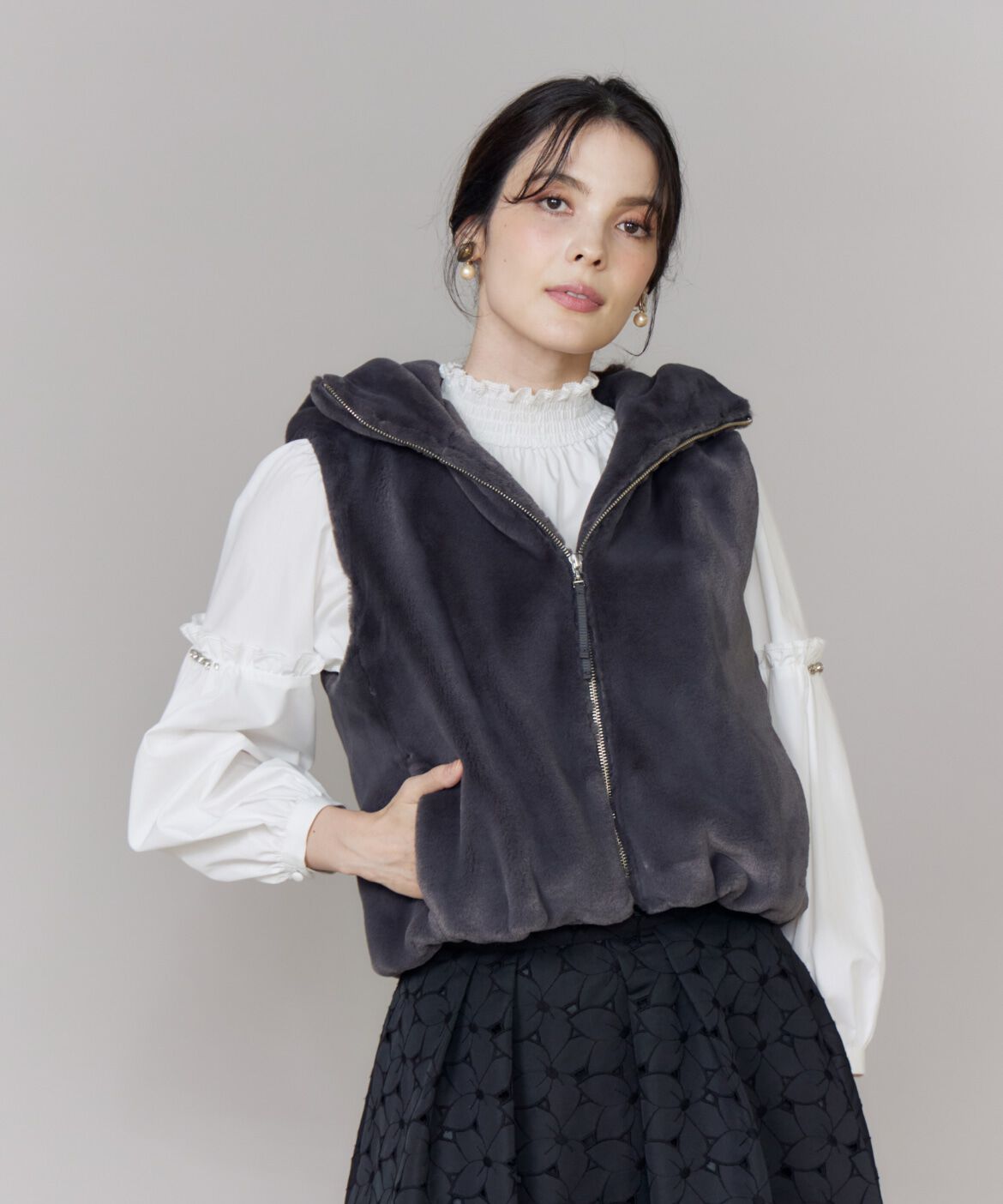 Maglie le cassetto「《大きいサイズ》ふわふわファーフーディジレ《M Maglie le cassetto》」|ダウンベスト・ベスト|