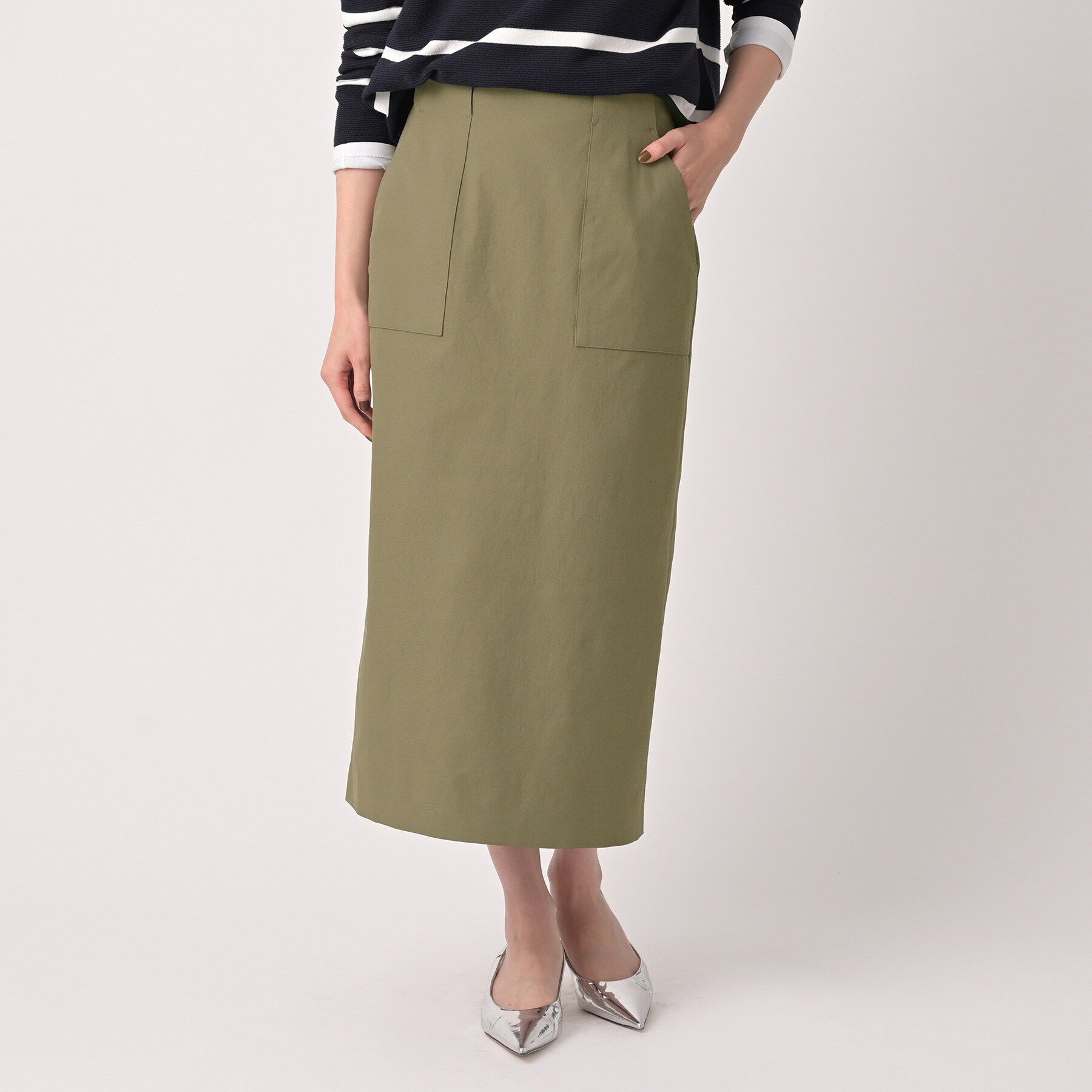 UNTITLED「【洗える/後ろウエストゴム】オックスアイラインスカート」|スカート|カーキ(027)