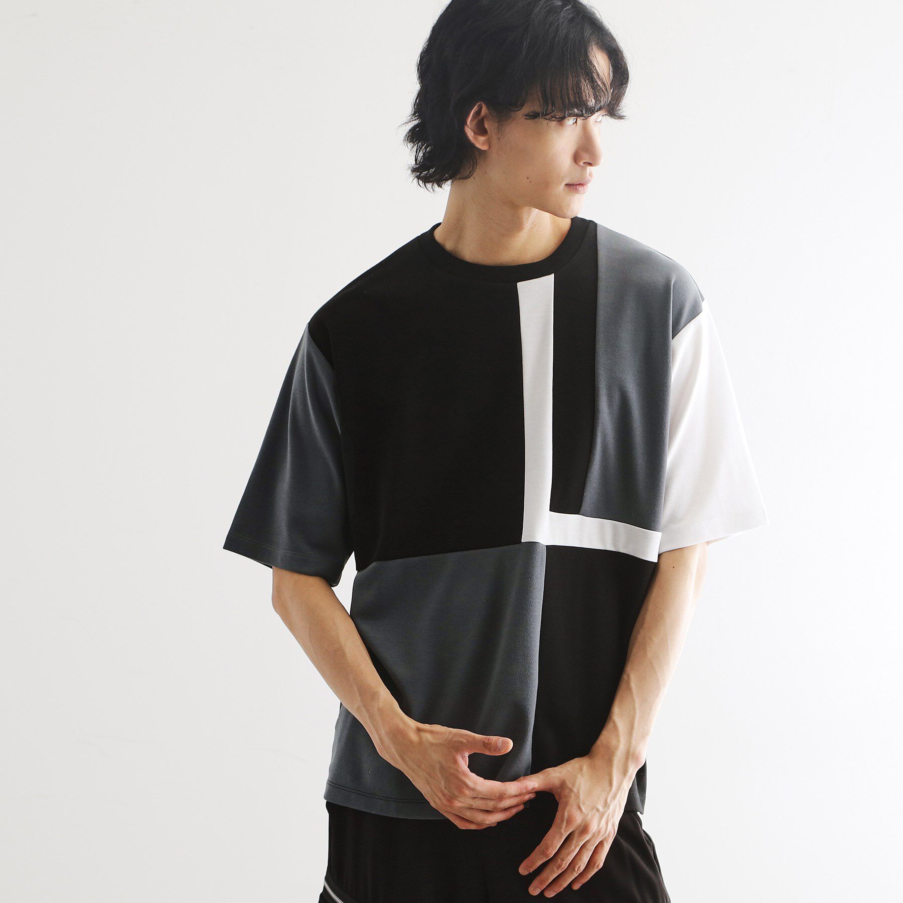 tk.TAKEO KIKUCHI「L字切替カットソー」|Tシャツ・カットソー|ブラック(519)