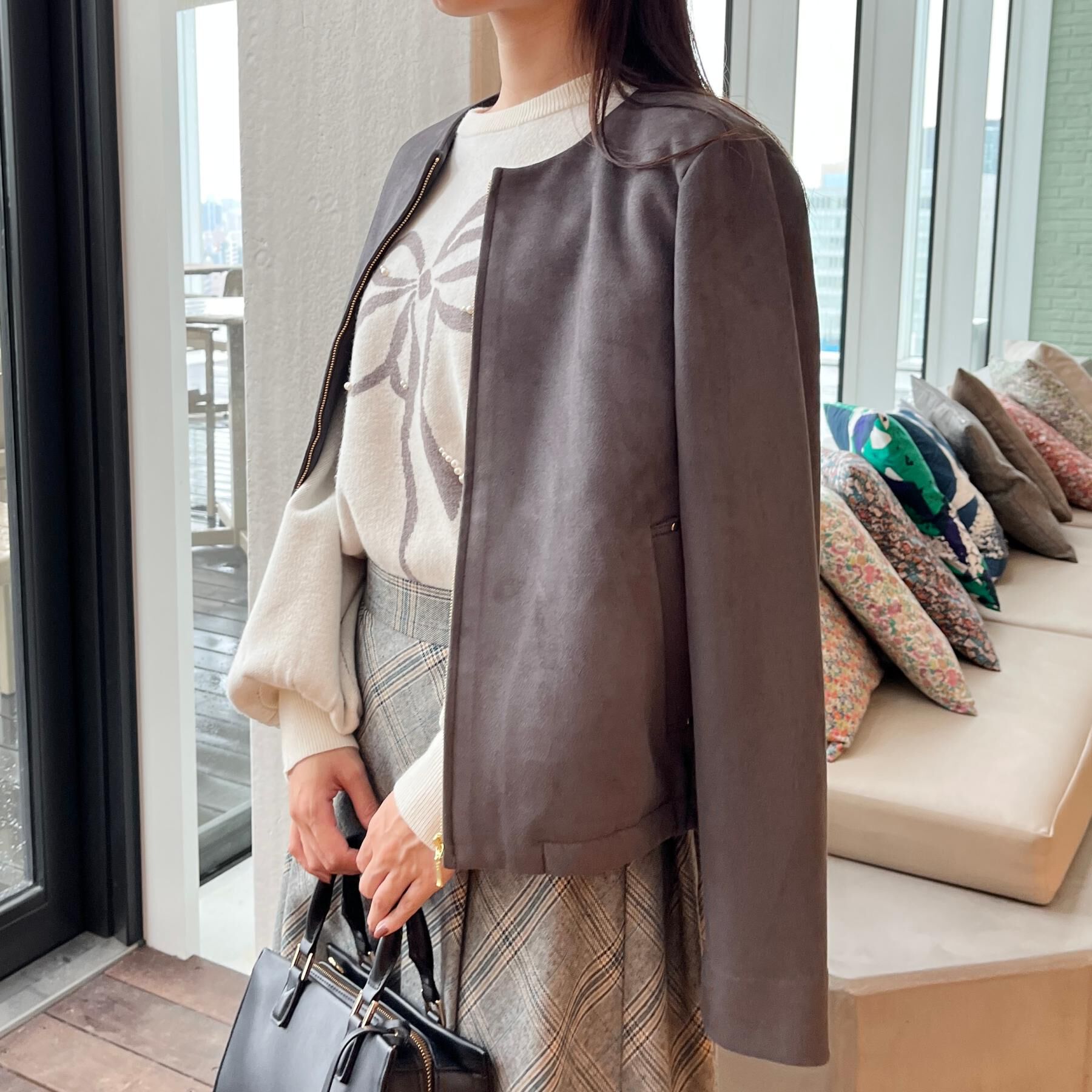 Couture broach「【通勤・大人上品】スエード調ダンボール ノーカラージャケット」|ブルゾン・スタジャン|