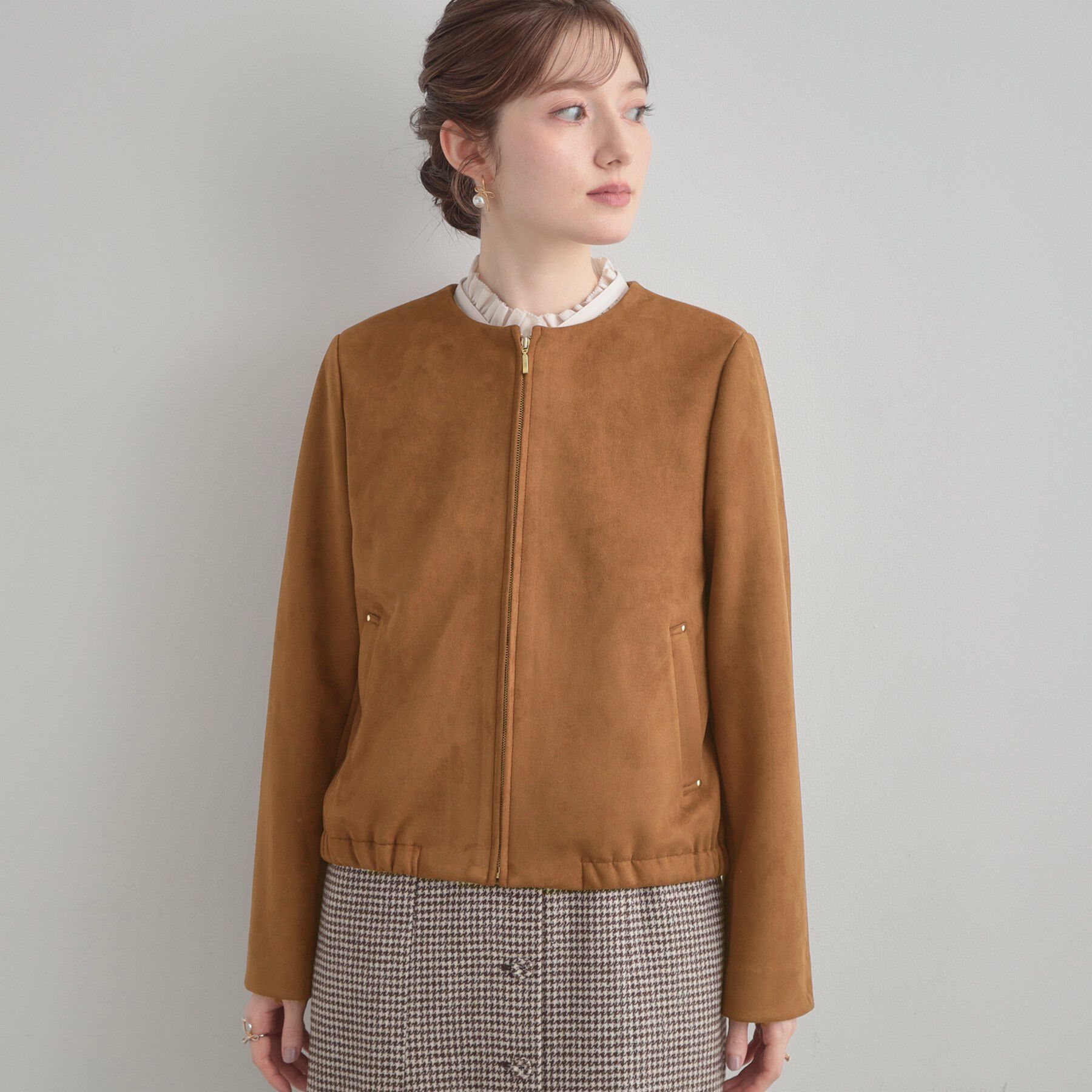 Couture broach「【通勤・大人上品】スエード調ダンボール ノーカラージャケット」|ブルゾン・スタジャン|