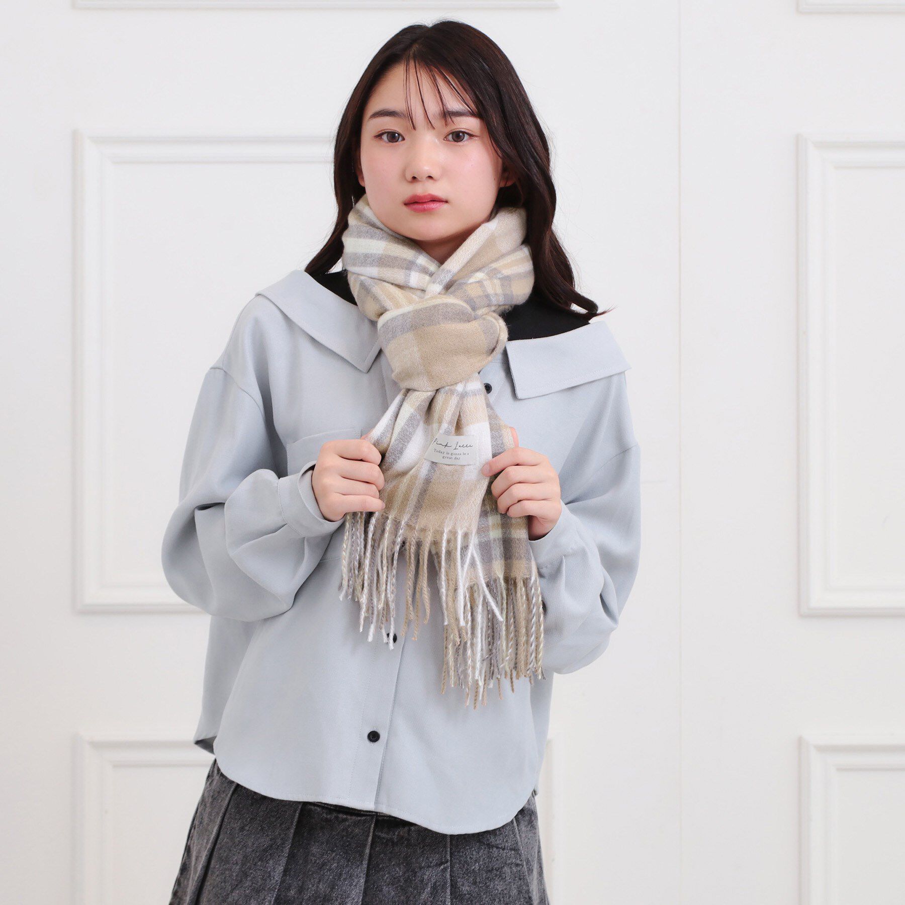 PINK-latte「起毛タータンストール」|マフラー|