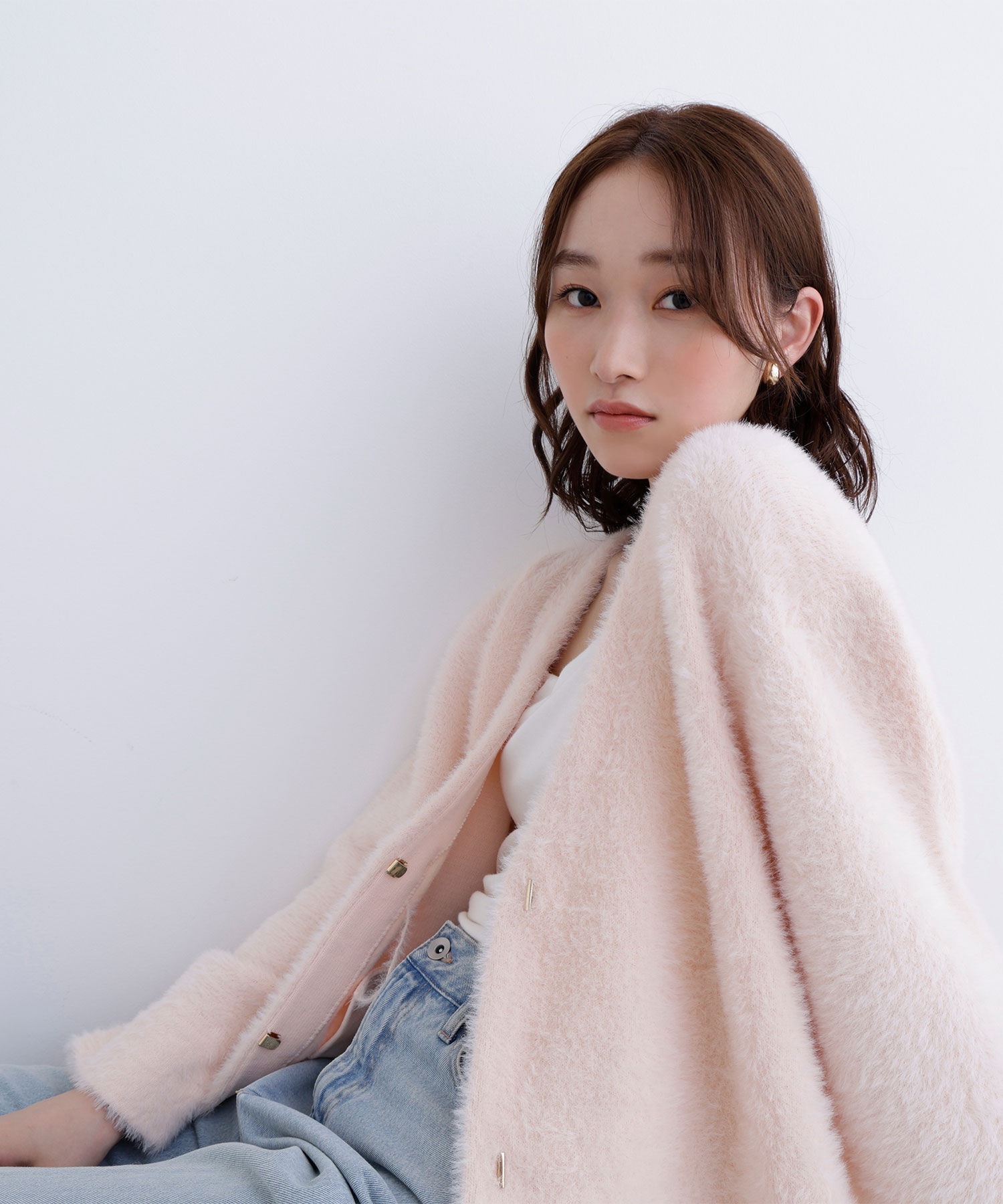  「Vネックシャギー接結コーディガン」|ニット・セーター|ピンク