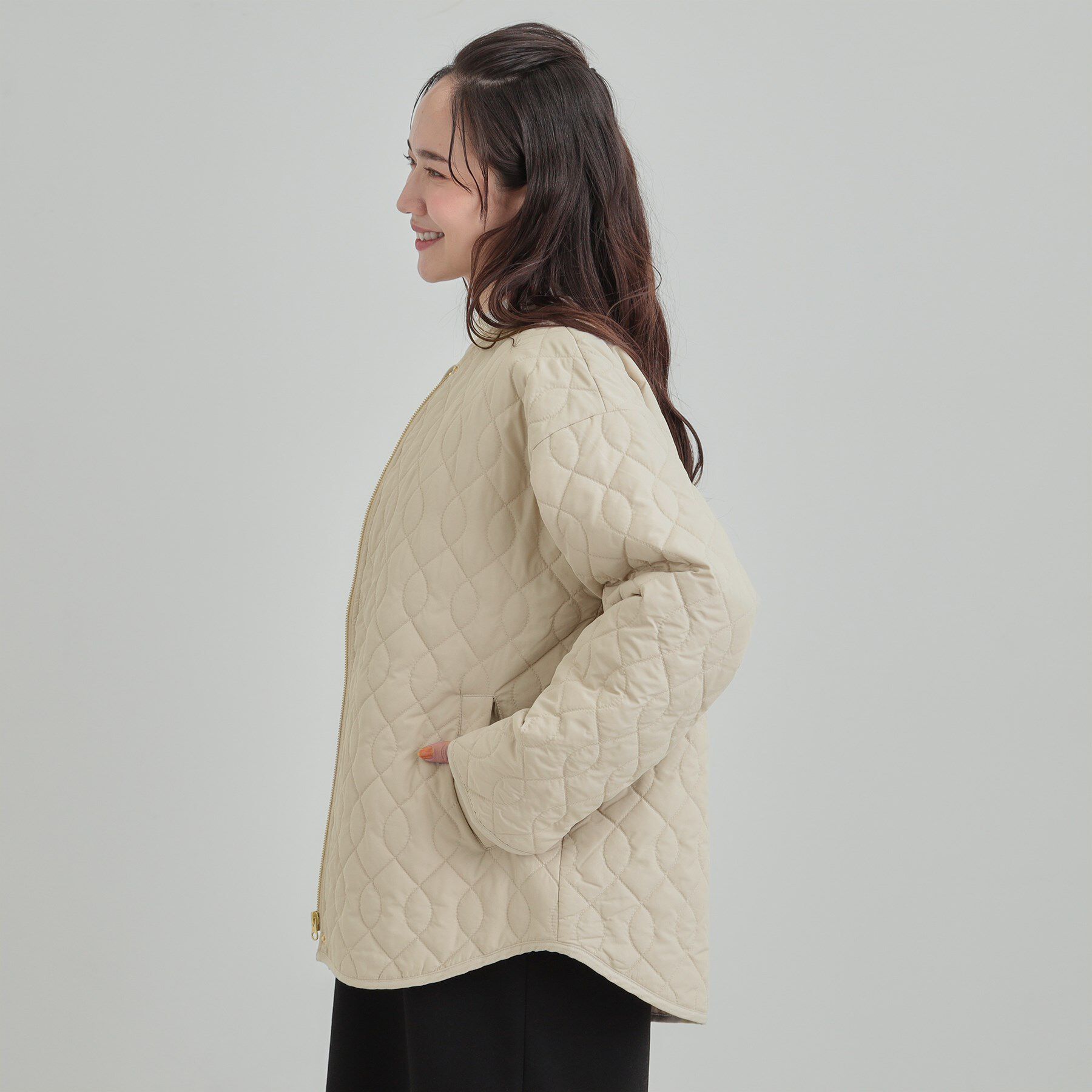 SHOO･LA･RUE「【洗濯機可/S-LL/撥水】大人が着たい ノーカラー キルトジャケット」|ノーカラージャケット|