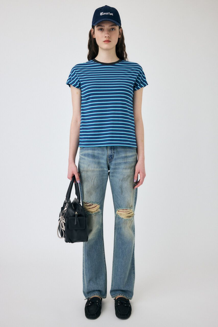 MOUSSY「ROLL SLEEVE マルチストライプ TEE」|Tシャツ・カットソー|