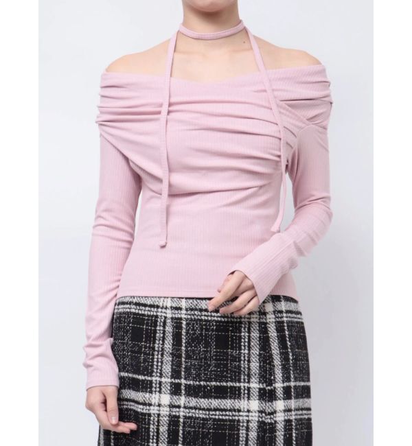 dazzlin「チョーカー付きオフショルドレープ長袖トップス」|Tシャツ・カットソー|ピンク