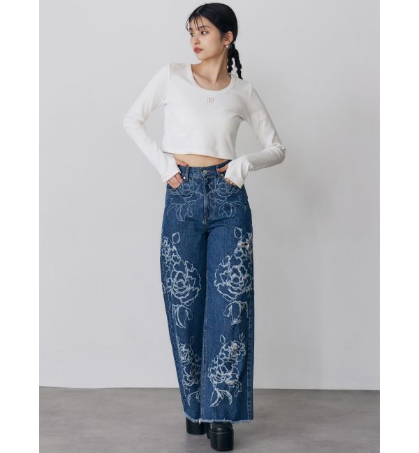 MURUA「ダメージフラワーワイドデニム」|デニム|
