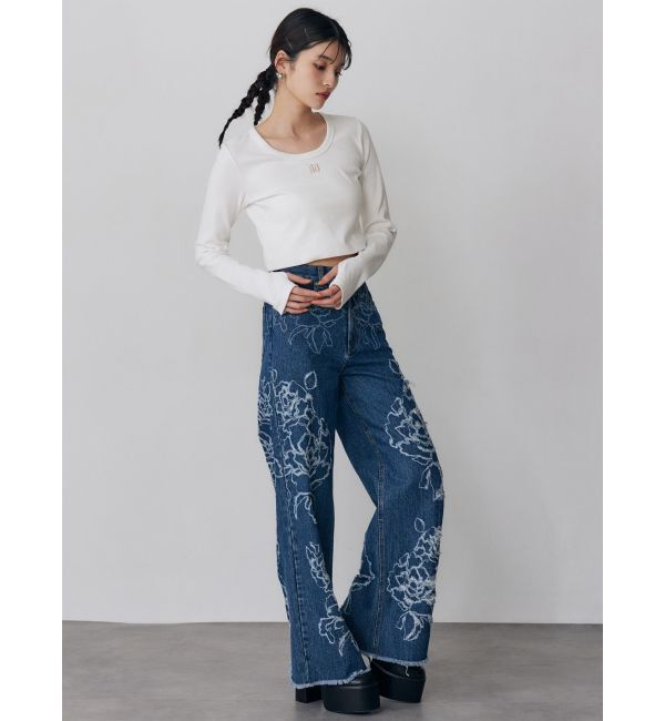 MURUA「ダメージフラワーワイドデニム」|デニム|