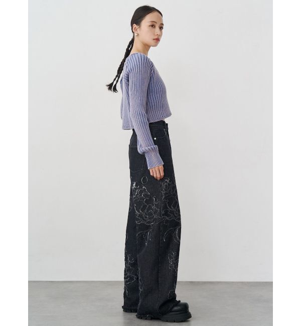 MURUA「ダメージフラワーワイドデニム」|デニム|