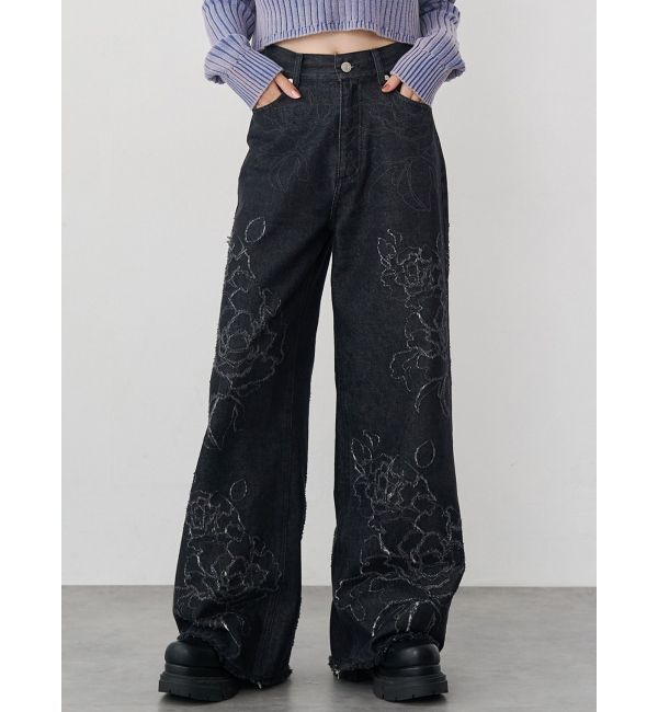 MURUA「ダメージフラワーワイドデニム」|デニム|ブラック