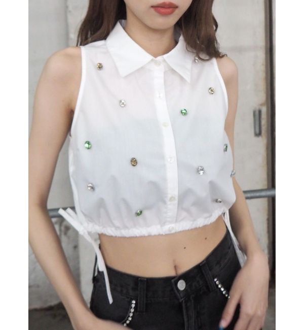 EVRIS「ビジューノースリーブクロップドシャツ」|シャツ・ブラウス|