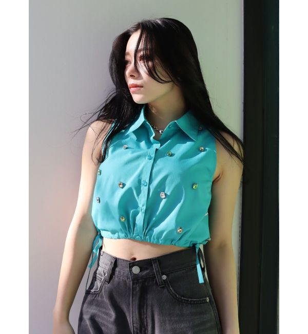 EVRIS「ビジューノースリーブクロップドシャツ」|シャツ・ブラウス|