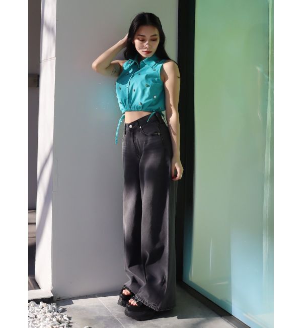 EVRIS「ビジューノースリーブクロップドシャツ」|シャツ・ブラウス|