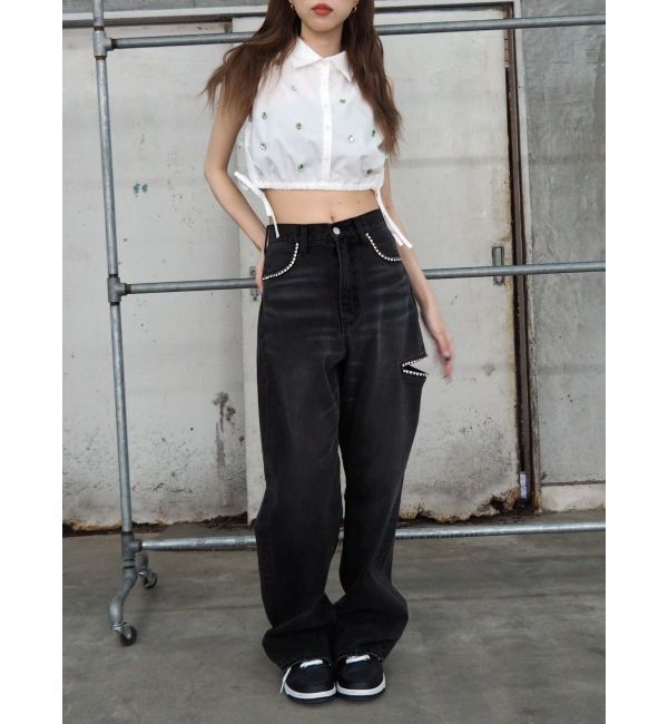 EVRIS「ビジューノースリーブクロップドシャツ」|シャツ・ブラウス|