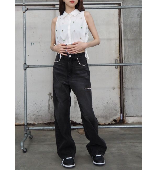 EVRIS「ビジューノースリーブクロップドシャツ」|シャツ・ブラウス|