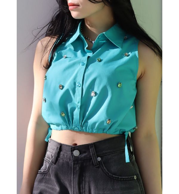 EVRIS「ビジューノースリーブクロップドシャツ」|シャツ・ブラウス|ブルー