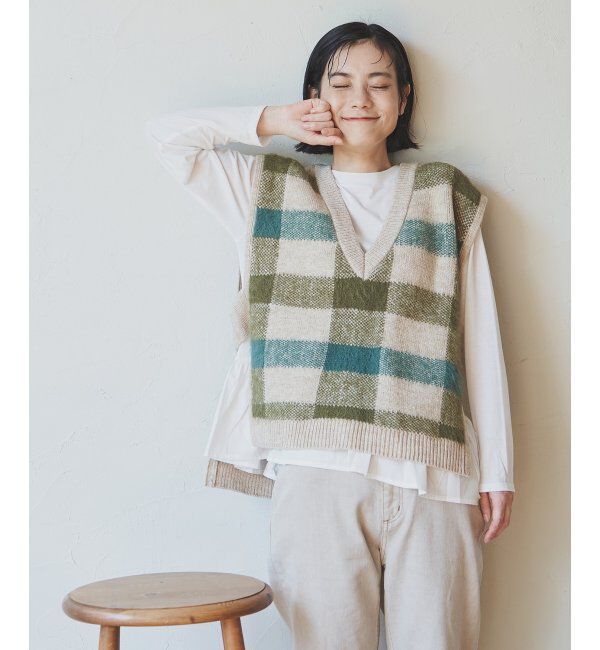 Lbc with Life「ジャカードフェザーチェックベスト」|ニット・セーター|グリーン