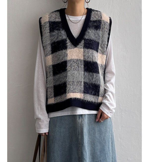 Lbc with Life「ジャカードフェザーチェックベスト」|ニット・セーター|