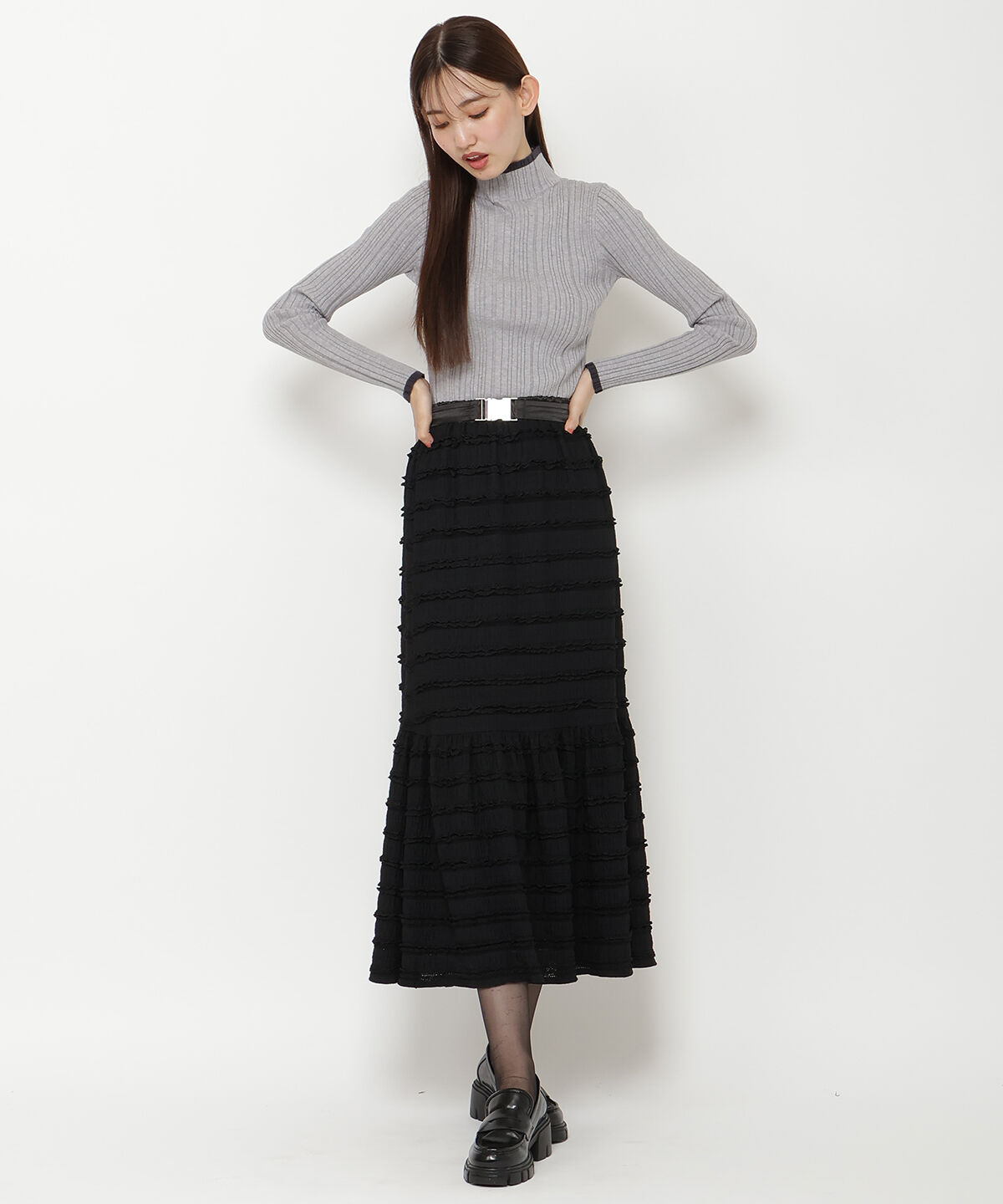 REDYAZEL「ベルトつきボーダーフリルスカート」|フレア|ブラック