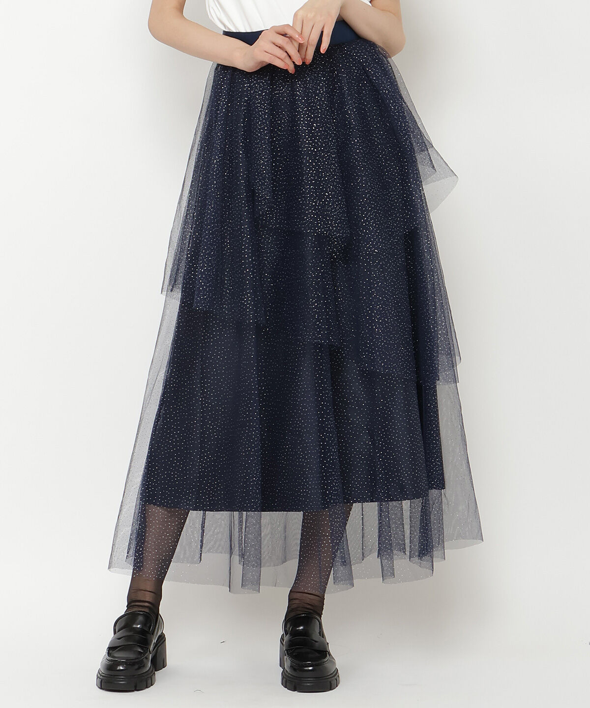 REDYAZEL「ラメチュールアシメティアードスカート」|フレア|