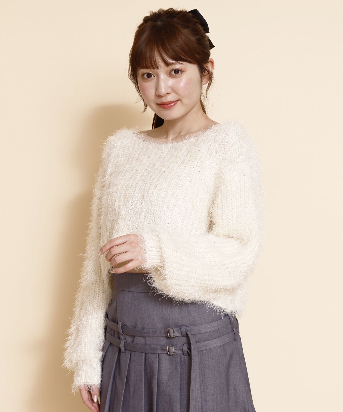 REDYAZEL「クロップドシャギーニットトップス」|ニット・セーター|ホワイト