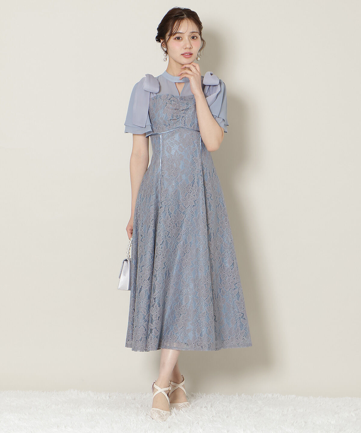 WILLSELECTION「肩リボンパイピングレースワンピース」|ドレス|サックス