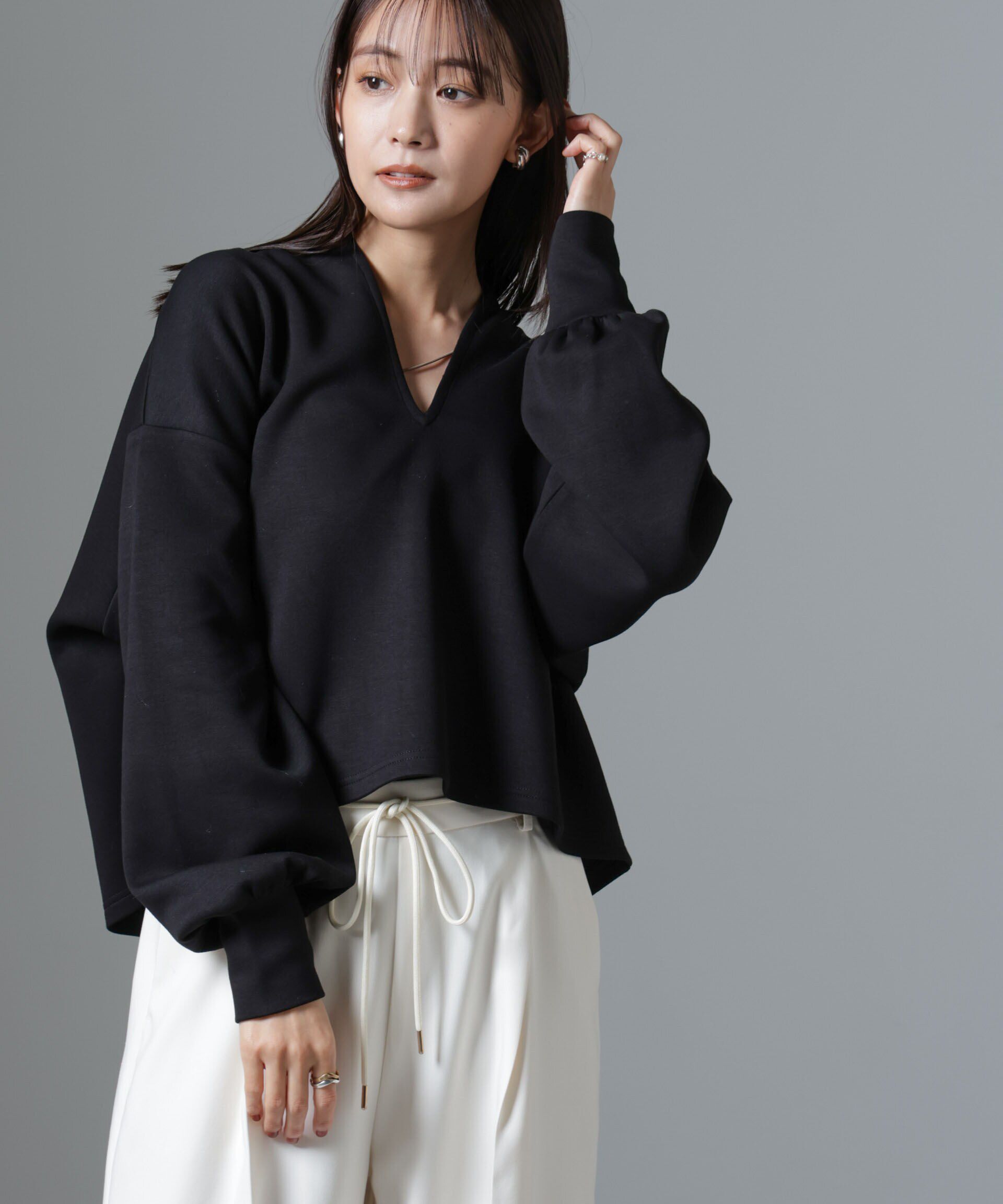 nano･universe「裏起毛ダンボールカットキーネックトップス（セットアップ可）」|Tシャツ・カットソー|