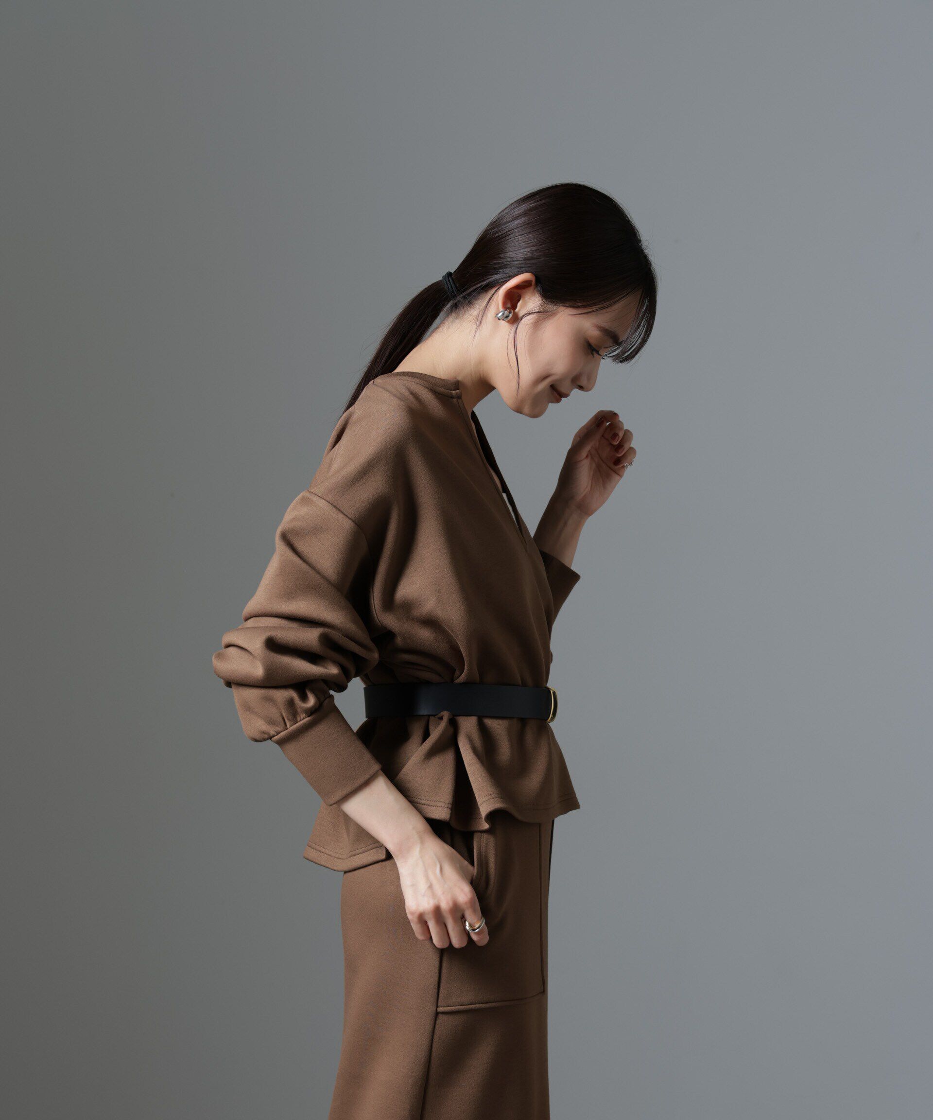 nano･universe「裏起毛ダンボールカットキーネックトップス（セットアップ可）」|Tシャツ・カットソー|