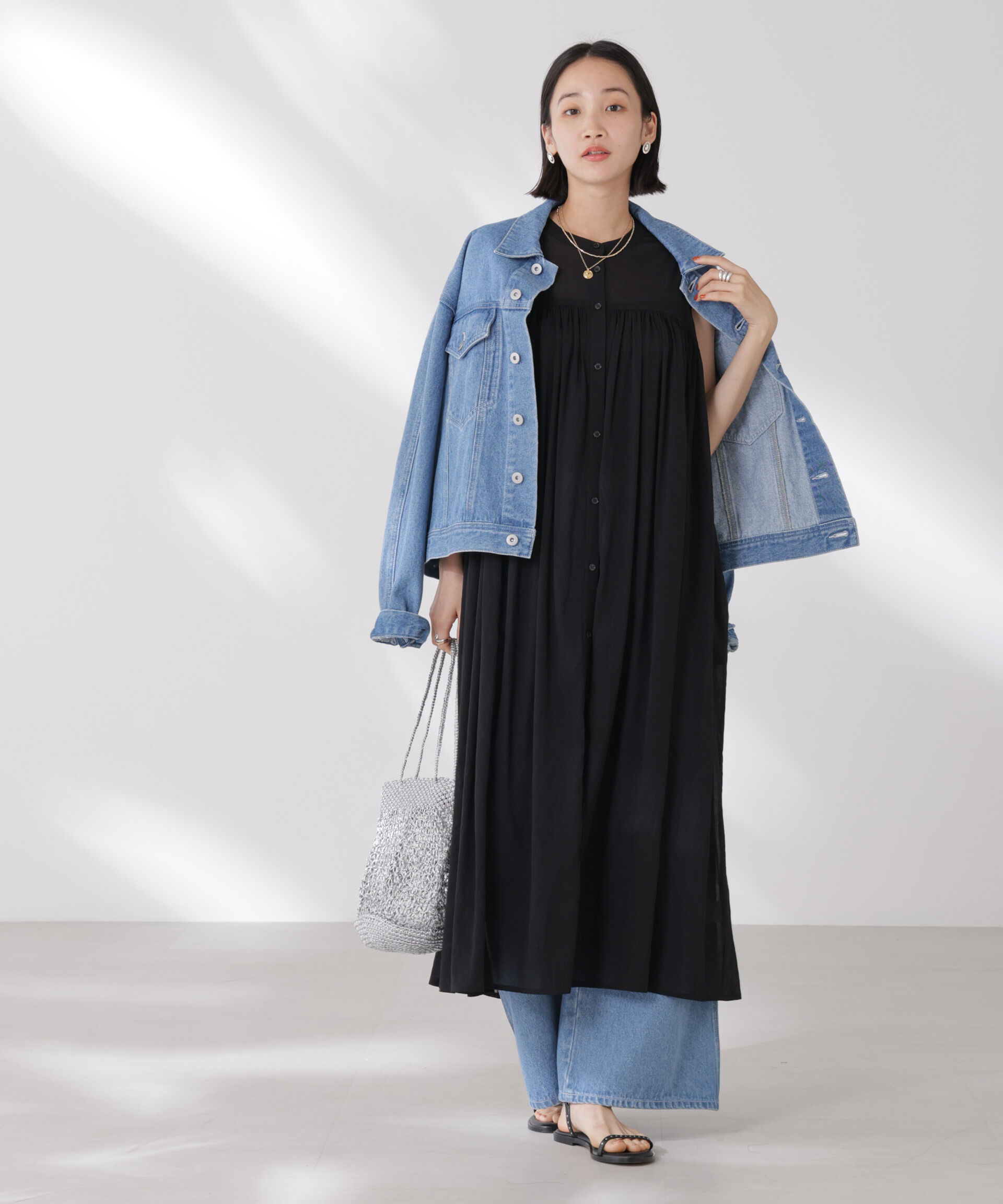 nano･universe「ギャザー切り替えノースリーブシアーワンピース」|ワンピース|ブラック