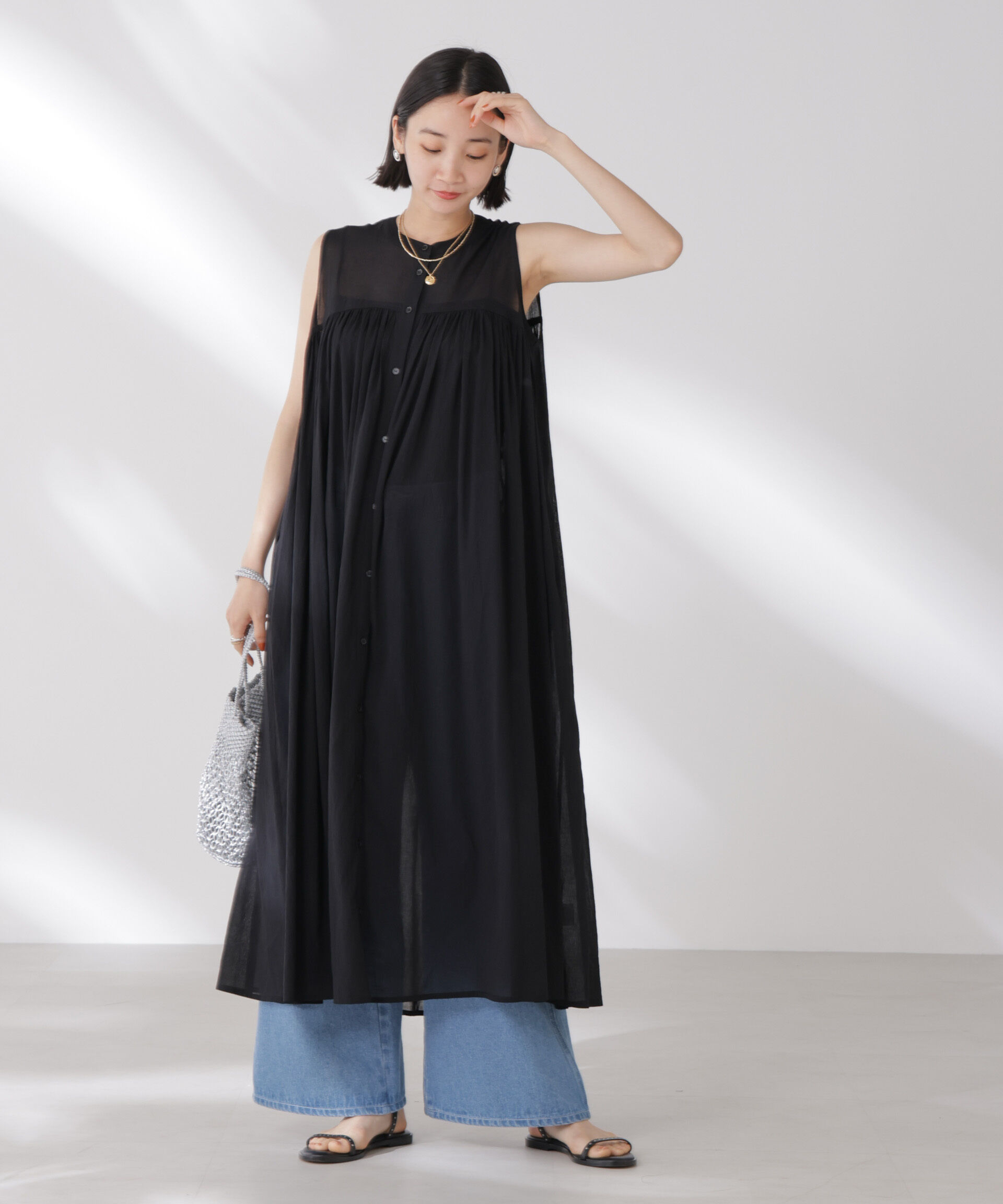 nano･universe「ギャザー切り替えノースリーブシアーワンピース」|ワンピース|