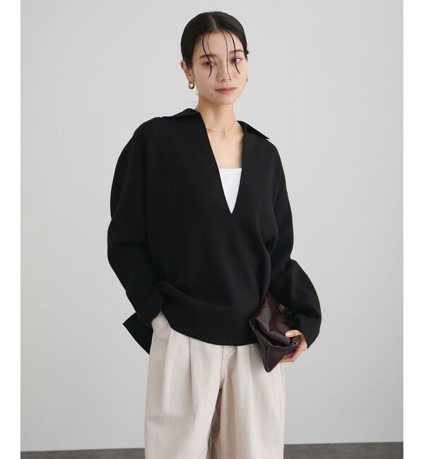 SALON adam et rope'「【WEB限定】スキッパーニットプルオーバー」|ニット・セーター|ブラック(01)