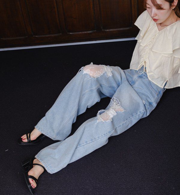  「【低身長サイズ/2サイズ展開/ウエスト調節可】レースデニムパンツ」|デニム|