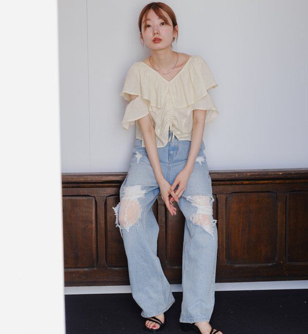  「【低身長サイズ/2サイズ展開/ウエスト調節可】レースデニムパンツ」|デニム|