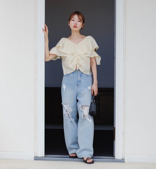  「【低身長サイズ/2サイズ展開/ウエスト調節可】レースデニムパンツ」|デニム|