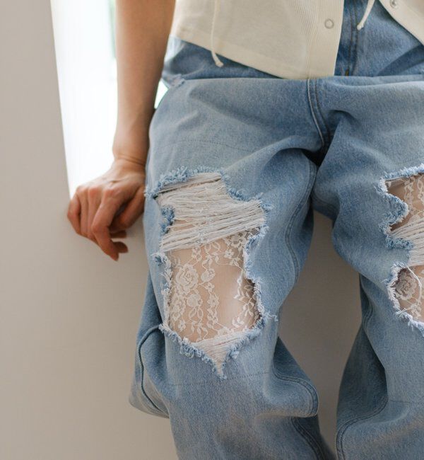  「【低身長サイズ/2サイズ展開/ウエスト調節可】レースデニムパンツ」|デニム|