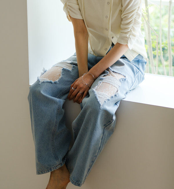  「【低身長サイズ/2サイズ展開/ウエスト調節可】レースデニムパンツ」|デニム|