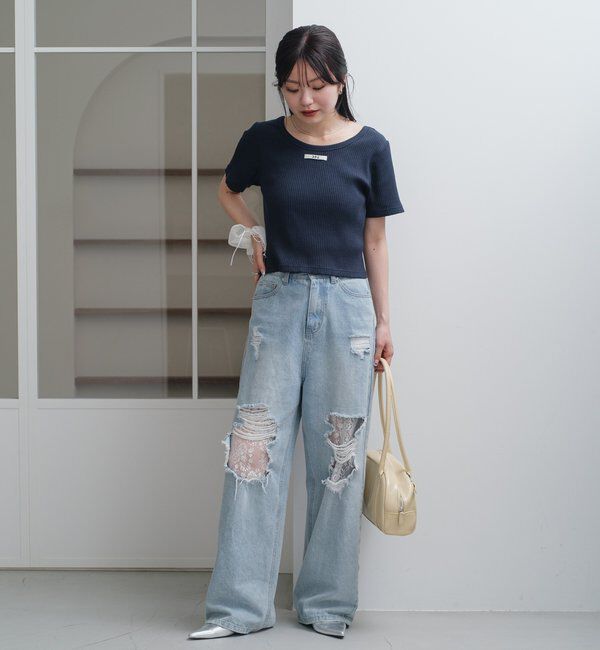  「【低身長サイズ/2サイズ展開/ウエスト調節可】レースデニムパンツ」|デニム|