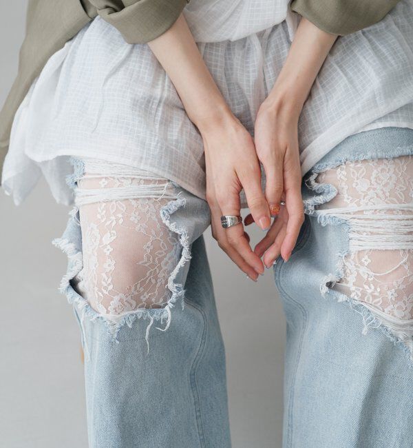  「【低身長サイズ/2サイズ展開/ウエスト調節可】レースデニムパンツ」|デニム|