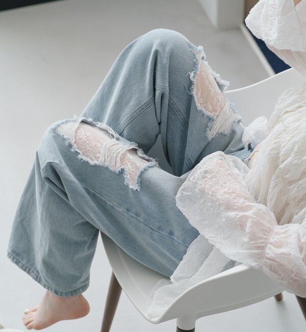  「【低身長サイズ/2サイズ展開/ウエスト調節可】レースデニムパンツ」|デニム|