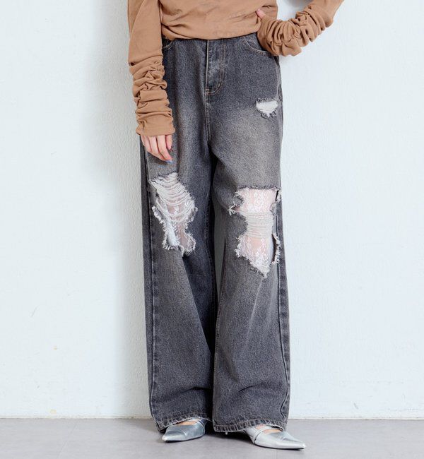  「【低身長サイズ/2サイズ展開/ウエスト調節可】レースデニムパンツ」|デニム|