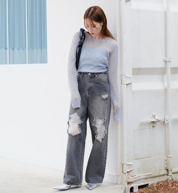  「【低身長サイズ/2サイズ展開/ウエスト調節可】レースデニムパンツ」|デニム|