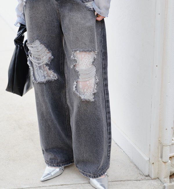  「【低身長サイズ/2サイズ展開/ウエスト調節可】レースデニムパンツ」|デニム|