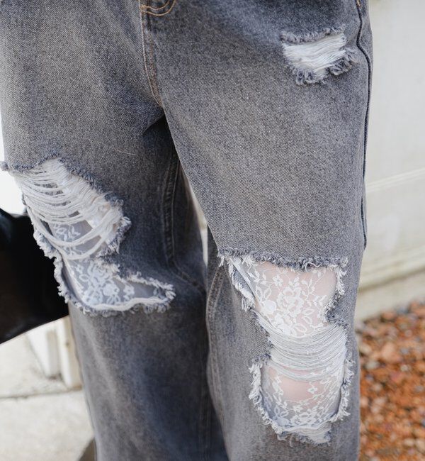  「【低身長サイズ/2サイズ展開/ウエスト調節可】レースデニムパンツ」|デニム|