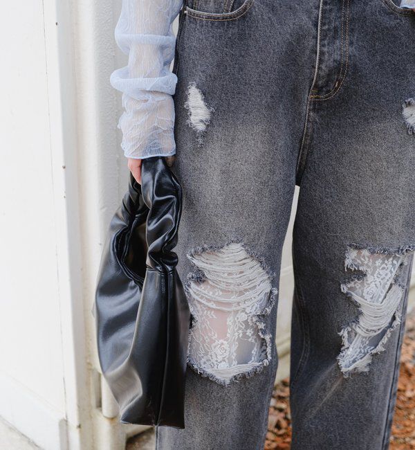  「【低身長サイズ/2サイズ展開/ウエスト調節可】レースデニムパンツ」|デニム|