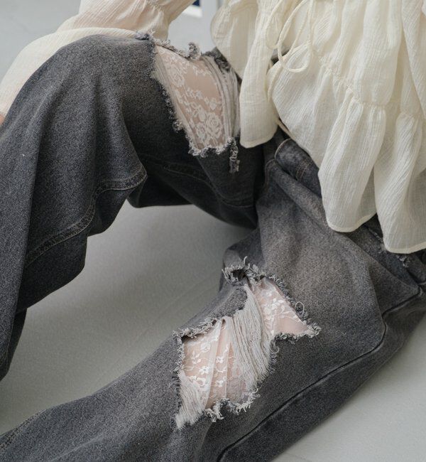  「【低身長サイズ/2サイズ展開/ウエスト調節可】レースデニムパンツ」|デニム|